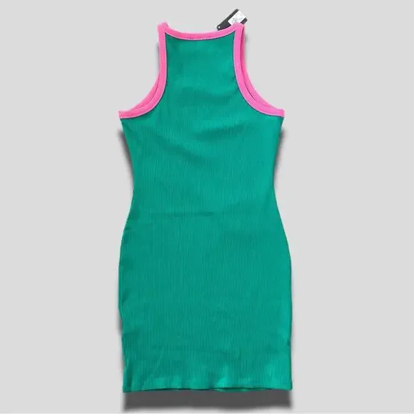 Primark NWT Modern Y2K Vibes Ribbed Bright & Bold Bodycon Dress Teal Pink - 10 - Picture 2 of 8